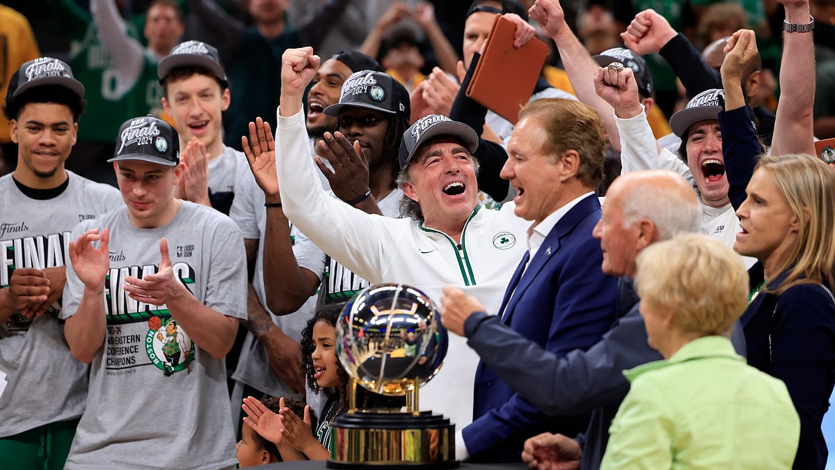 The Boston Celtics celebrate after winning the 2023-24 Eastern Conference championship.