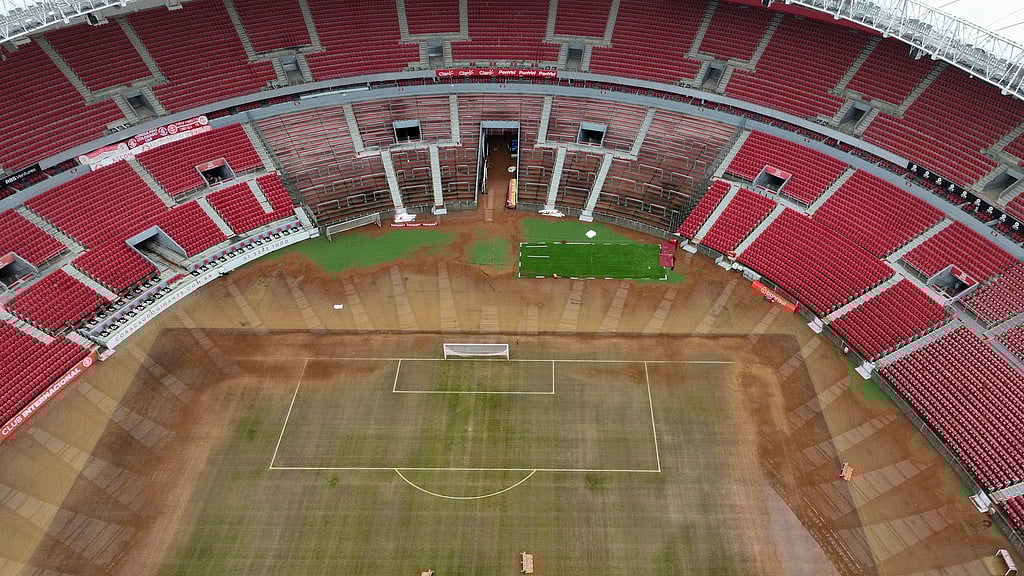(AP Photo|Andre Penner) : Seats are scattered in the field of the Beira Rio stadium after the waters that covered it during floods caused by heavy rains began to recede in Porto Alegre, Rio Grande do Sul state, Brazil, Sunday, May 12, 2024.