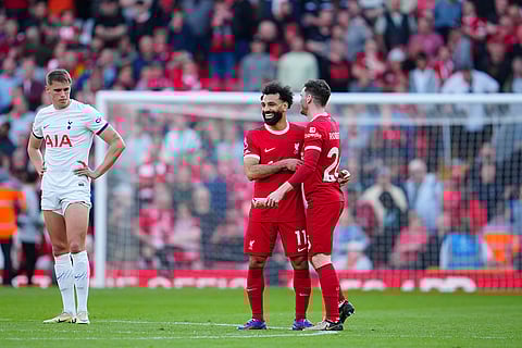 Liverpool's Andrew Robertson & Mohamed Salah celebrate win