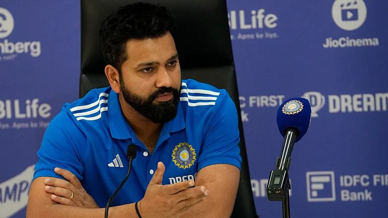 Indian T20 cricket team's captain Rohit Sharma gestures during a press conference held at the Board of Control for Cricket in India (BCCI) headquarters in Mumbai. - AP Photo/Rajanish Kakade