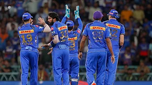 AP Photo/Pankaj Nangia : Mumbai Indians' captain Hardik Pandya, second left, celebrates with teammates after the dismissal of Lucknow Super Giants' captain KL Rahul during the Indian Premier League cricket match between Lucknow Super Giants and Mumbai Indians in Lucknow.