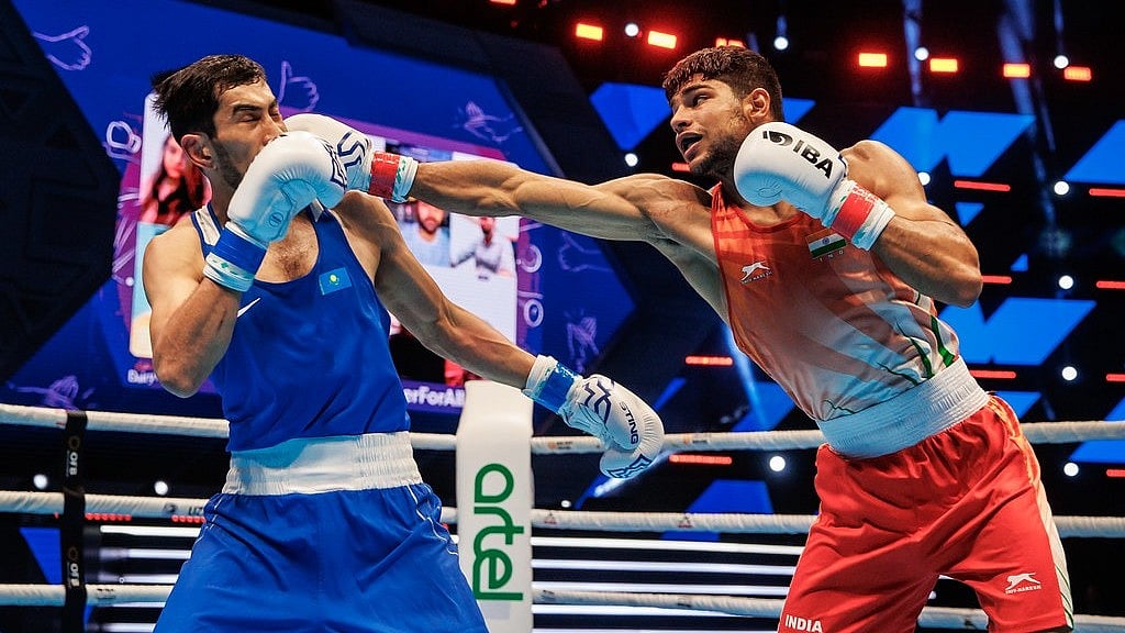 Nishant Dev (Red) was clinical in his 5-0 demolition of Thailand’s Peerapat Yeasungnoen. - BFI