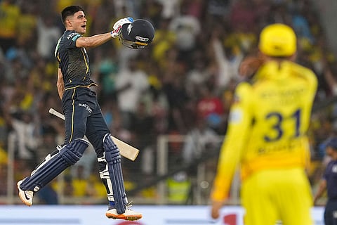 Gujarat Titans' captain Shubman Gill celebrates his century