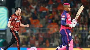 IPL/BCCI : Rajasthan Royals batter Shimron Hetmyer right walks back after being dismissed.