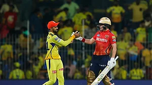 BCCI : San Curran (first from right) and Ruturaj Gaikwad during CSK vs PBKS match 49 of the 2024 Indian Premier League.