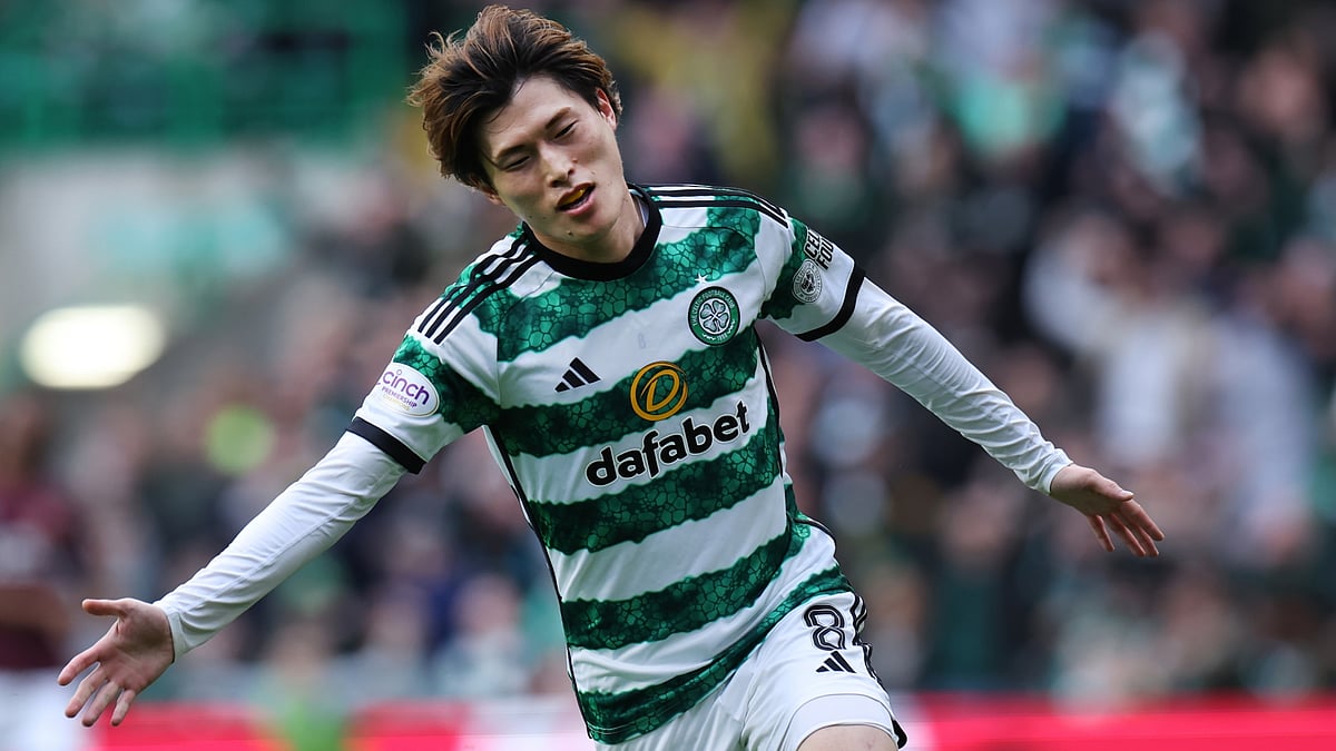 Kyogo Furuhashi celebrates for Celtic.