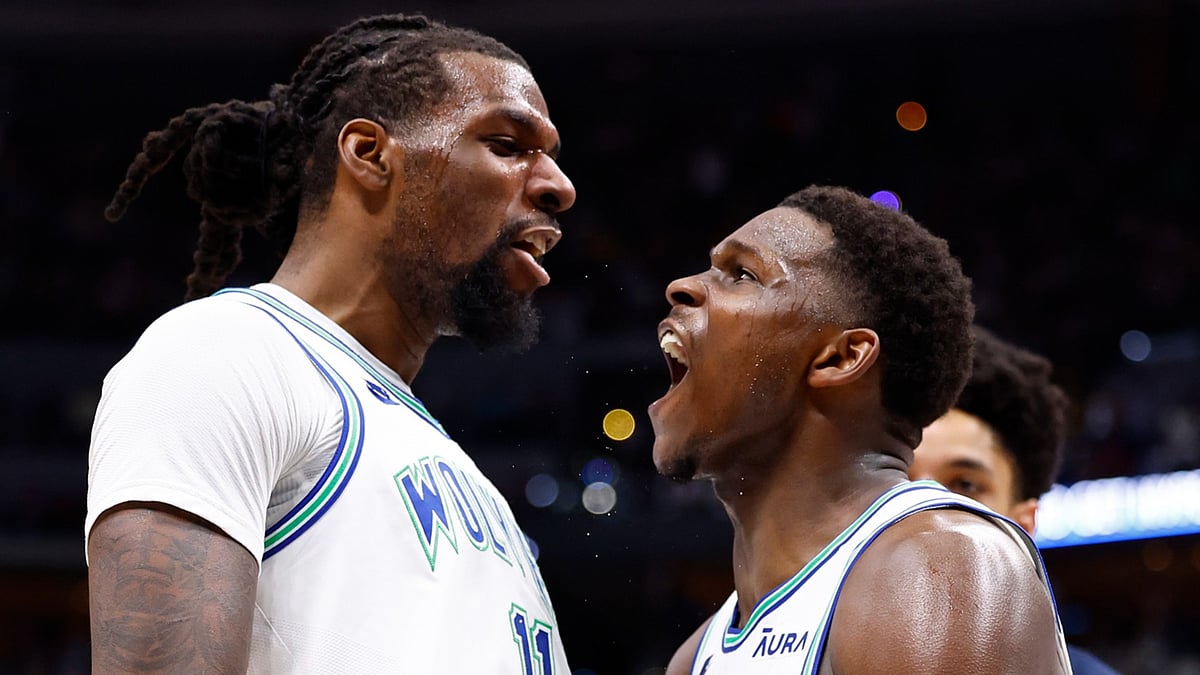 Naz Reid (left) and Anthony Edwards of the Minnesota Timberwolves celebrate vs. the Denver Nuggets on May 19, 2024. - null