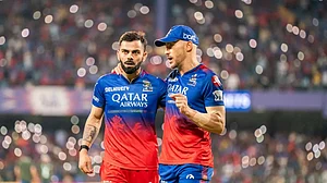 BCCI : Virat Kohli (first from left) and Faf du Plessis of Royal Challengers Bengaluru during match 52 of Indian Premier League 2024.