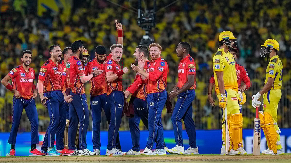 Punjab Kings bowler Harpreet Brar with teammates celebrates the wicket of Chennai Super Kings batter Shivam Dube during the IPL 2024 cricket match between Chennai Super Kings and Punjab Kings, at MA Chidambaram Stadium, in Chennai - R Senthilkumar