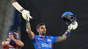 AP Photo/Rajanish Kakade : Mumbai Indians' Suryakumar Yadav celebrates his hundred runs during the Indian Premier League cricket match between Mumbai Indians and Sunrisers Hyderabad in Mumbai.