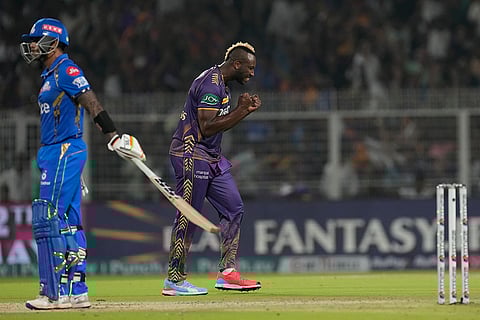 Andre Russell celebrates Suryakumar Yadav's wicket