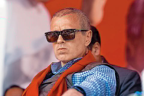 NC chairperson Omar Abdullah at a rally of his party’s Srinagar candidate Aga Syed Ruhullah Mehdi