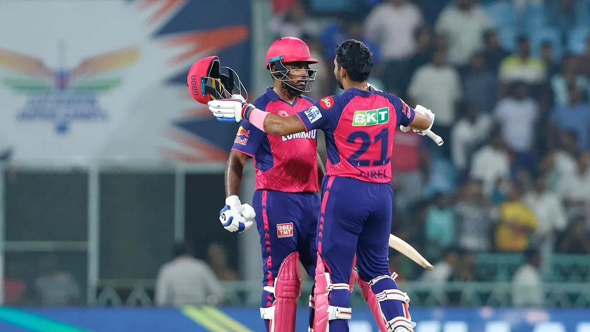 BCCI : Rajasthan Royals' skipper Sanju Samson and Dhruv Jurel celebrate the team's win over Lucknow Super Giants in match 44 of IPL 2024 on April 27 in Lucknow. 