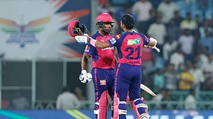 BCCI : Rajasthan Royals' skipper Sanju Samson and Dhruv Jurel celebrate the team's win over Lucknow Super Giants in match 44 of IPL 2024 on April 27 in Lucknow.
