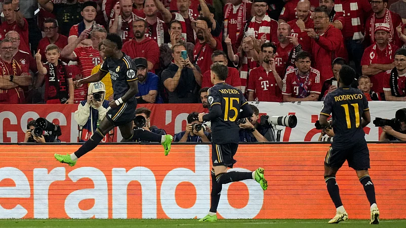 Vinicius Junior, Bayern Munich Vs Real Madrid, UEFA Champions League Semi-Final, Allianz Arena, 2024, AP Photo