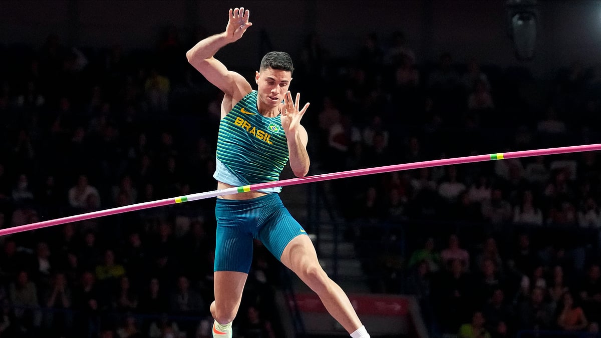  (AP Photo/Darko Vojinovic, File)
 : FILE - Thiago Braz, of Brazil, makes an attempt in in the Men's pole vault at the World Athletics Indoor Championships in Belgrade, Serbia, on March 20, 2022. Olympic pole vault gold medalist Thiago Braz has been banned for 16 months for doping and will miss the Paris Games. Track and field’s Athletics Integrity Unit announced the verdict Tuesday, May 28, 2024. Braz won the Olympic title at his home Rio de Janeiro Olympics in 2016 and took bronze in Tokyo three years ago.