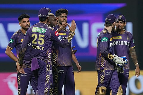 KKR players celebrate Tilak Varma's wicket