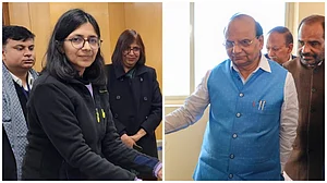 X : L: Former DCW chief Swati Maliwal | R: Delhi -LG VK Saxena
