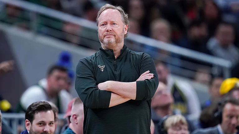 Head coach Mike Budenholzer of the Milwaukee Bucks looks on in the second quarter against the Indiana Pacers at Gainbridge Fieldhouse on March 29, 2023 in Indianapolis, Indiana. - null