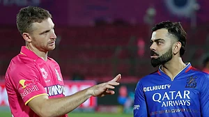 BCCI : Rajasthan Royals' Jos Buttler (first from left) and Royal Challengers Bengaluru's Virat Kohli during match 19 of IPL 2024.