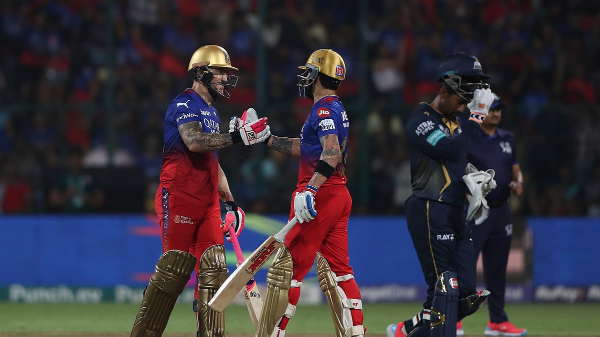 Virat Kohli and Faf du Plessis batting in IPL 2024. AP Photo