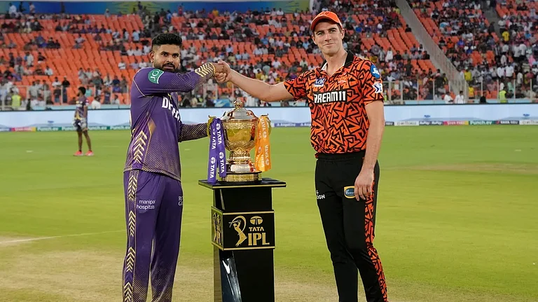 Captains of Kolkata Knight Riders and SunRisers Hyderabad, Shreyas Iyer (First from left) and Pat Cummins ahead of the qualifier 1 match of the 2024 Indian Premier League season. - BCCI