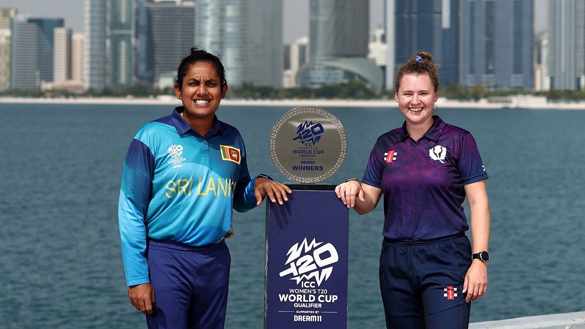 Photo: X/ @ICC : Sri Lanka's captain Chamari Athapaththu (L) and Scotland's captain Kathryn Bryce with the ICC Women's T20 World Cup Qualifier 2024 trophy before the final.