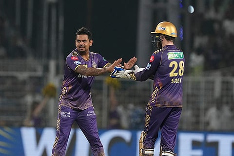 Sunil Narine and Phill Salt celebrate Ishan Kishan's wicket