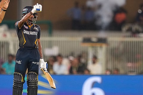 Gujarat Titans' Sai Sudharsan celebrates his century