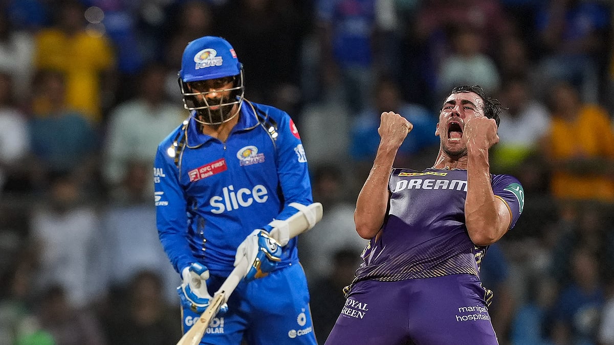 Mitchell Starc celebrates after KKR defeats MI on Friday in IPL 2024 - PTI/Kunal Patil