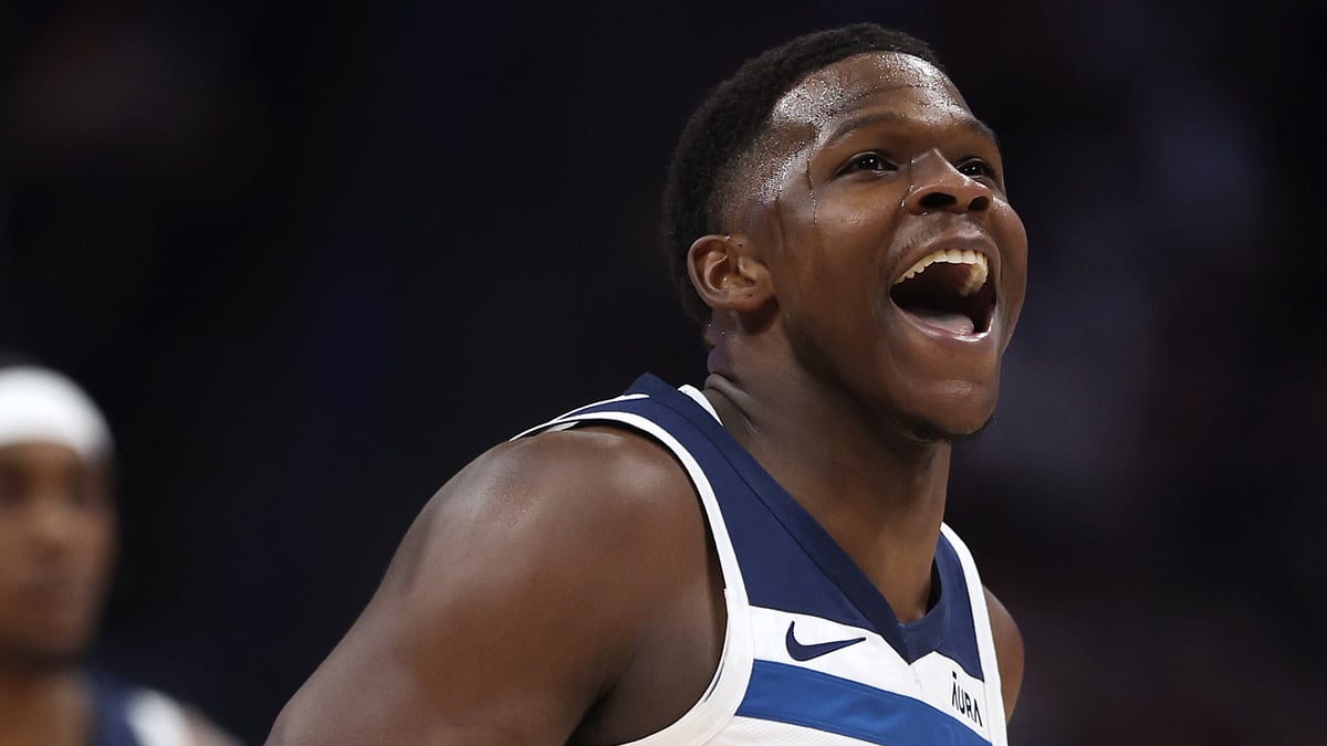 Minnesota Timberwolves guard Anthony Edwards celebrates a basket during a 2024 NBA playoff game vs. the Denver Nuggets.