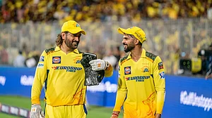 BCCI : MS Dhoni (first from left) and Ruturaj Gaikwad of Chennai Super Kings during match 46 of IPL 2024.
