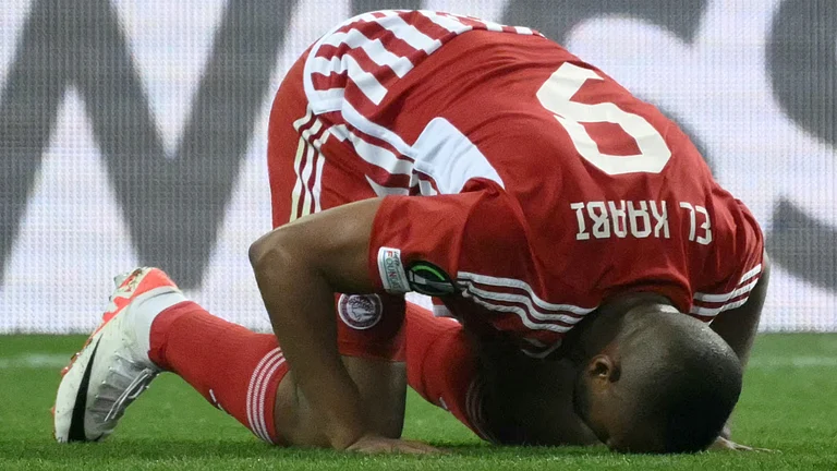 Ayoub El Kaabi celebrates putting Olympiacos 1-0 up in the second leg - null