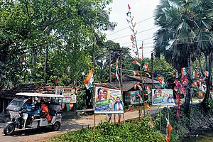 Photo: Sandipan Chatterjee : Triangular Contest: Nandigram’s streets are adorned with banners and flags of the three parties