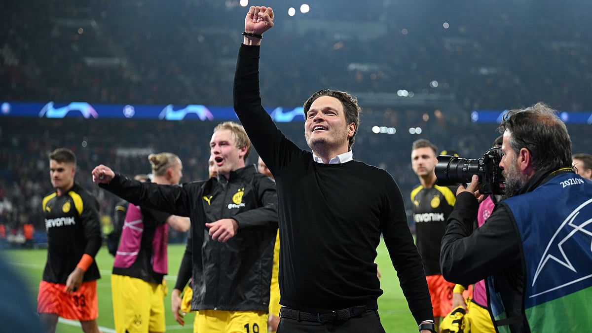 Terzic celebrates after guiding Dortmund to the Champions League final.