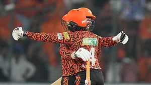 AP/Mahesh Kumar A. : Travis Head and Abhishek Sharma celebrate Sunrisers Hyderabad' win over Lucknow Super Giants in Indian Premier League 2024 on Wednesday (May 8).