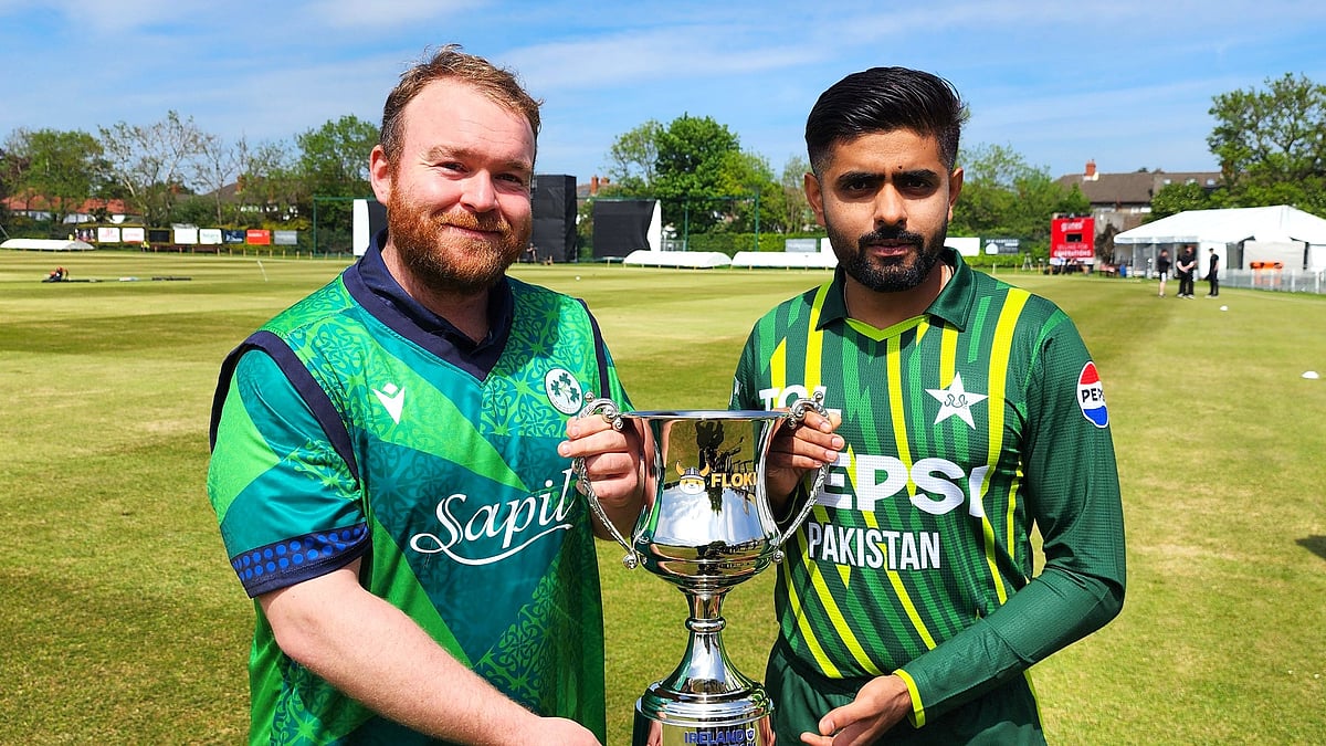 X | Pakistan Cricket  : Captains of Pakistan and Ireland T20 teams Babar Azam (first from right) and Paul Stirling with the trophy of the 2024 PAK vs IRE T20I series. 