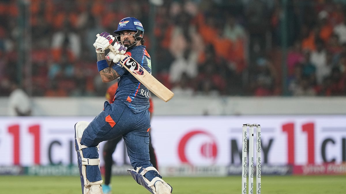 AP Photo/Mahesh Kumar A. : Lucknow Super Giants' captain KL Rahul plays a shot during the Indian Premier League cricket match between Sunrisers Hyderabad and Lucknow Super Giants in Hyderabad.