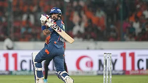 AP Photo/Mahesh Kumar A. : Lucknow Super Giants' captain KL Rahul plays a shot during the Indian Premier League cricket match between Sunrisers Hyderabad and Lucknow Super Giants in Hyderabad.