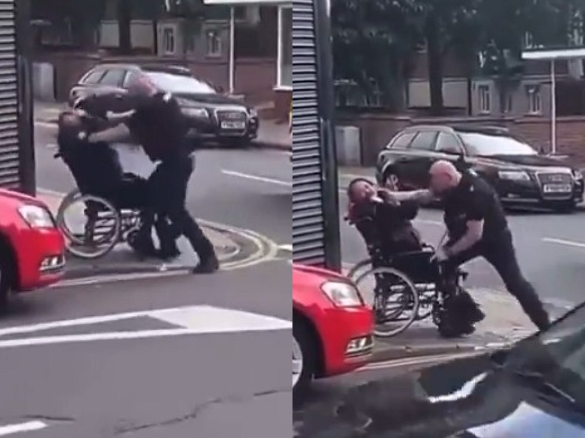 X : The policeman was seen hitting and punching the man on wheelchair.