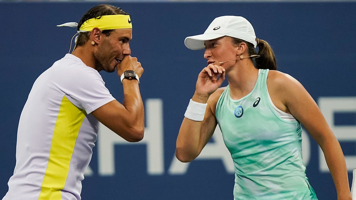 Rafael Nadal and Iga Swiatek during an exhibition match at the 2022 US Open. - null