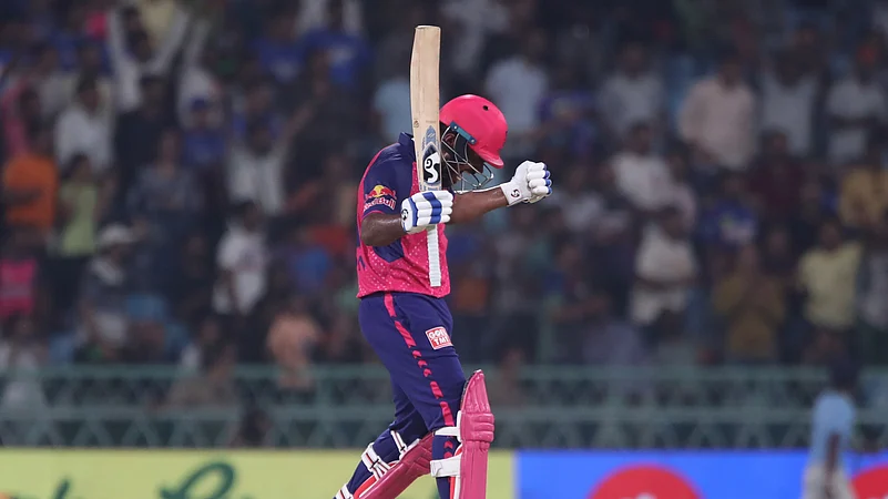 Sanju Samson celebrating after winning the game in IPL 2024. AP Photo