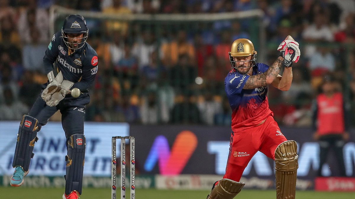 Faf du Plessis batting versus GT in IPL 2024. AP Photo