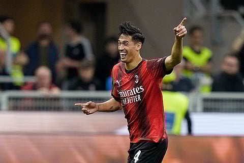 Milan's Tijjani Reijnders celebrates team's third goal