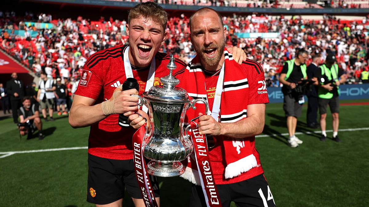 Eriksen (right) and Hojlund are fresh from winning the FA Cup with Manchester United.