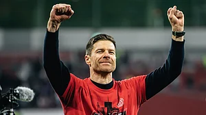 Xabi Alonso celebrates Bayer Leverkusen's semi-final triumph