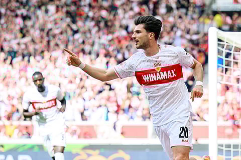 Stuttgart's Leonidas Stergiou celebrates a goal