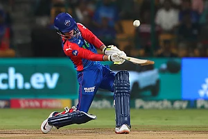 | Photo: AP/Kashif Masood : DC's Jake Fraser-McGurk plays a shot