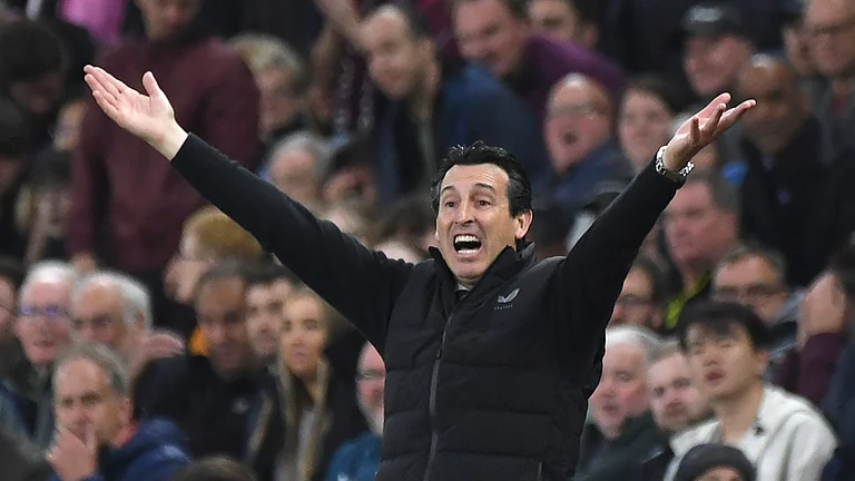 Aston Villa's head coach Unai Emery reacts during their English Premier League match against Liverpool at the Villa Park Stadium in Birmingham, England on May 13, 2024. - Rui Vieira/AP