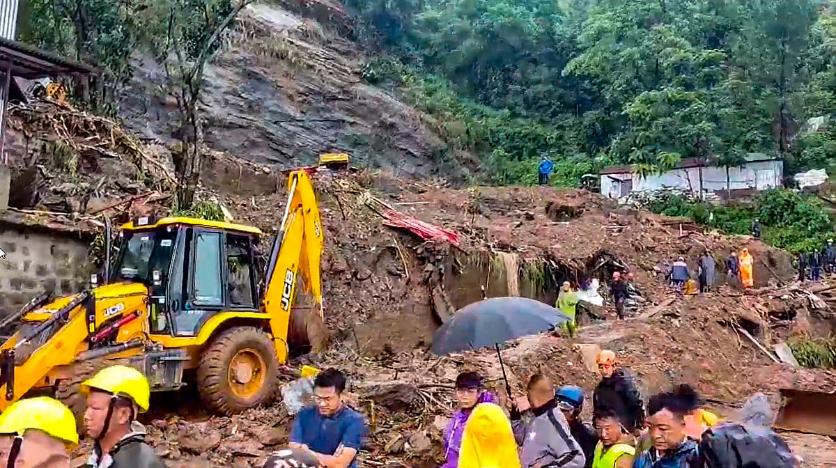 PTI : Rescue work underway after a stone quarry collapsed amid heavy rain in the aftermath of Cyclone Remal, in Aizawl district, Tuesday, May 28, 2024. 